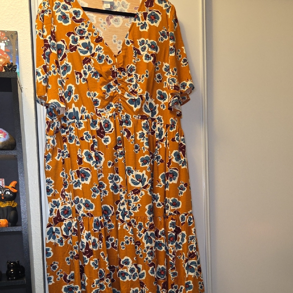 Ava & Viv Orange and Blue Floral Midi Dress Size 2X